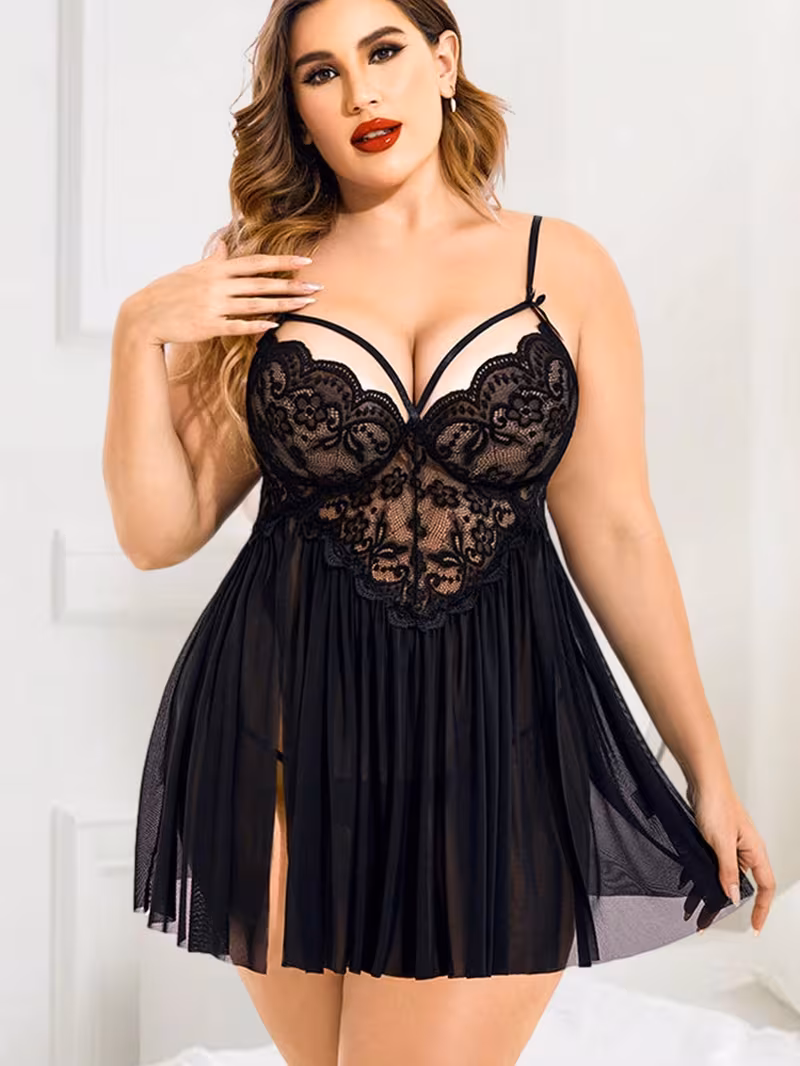 Elegante Plus Size Lingerieset met Kanten Nachthemd & String